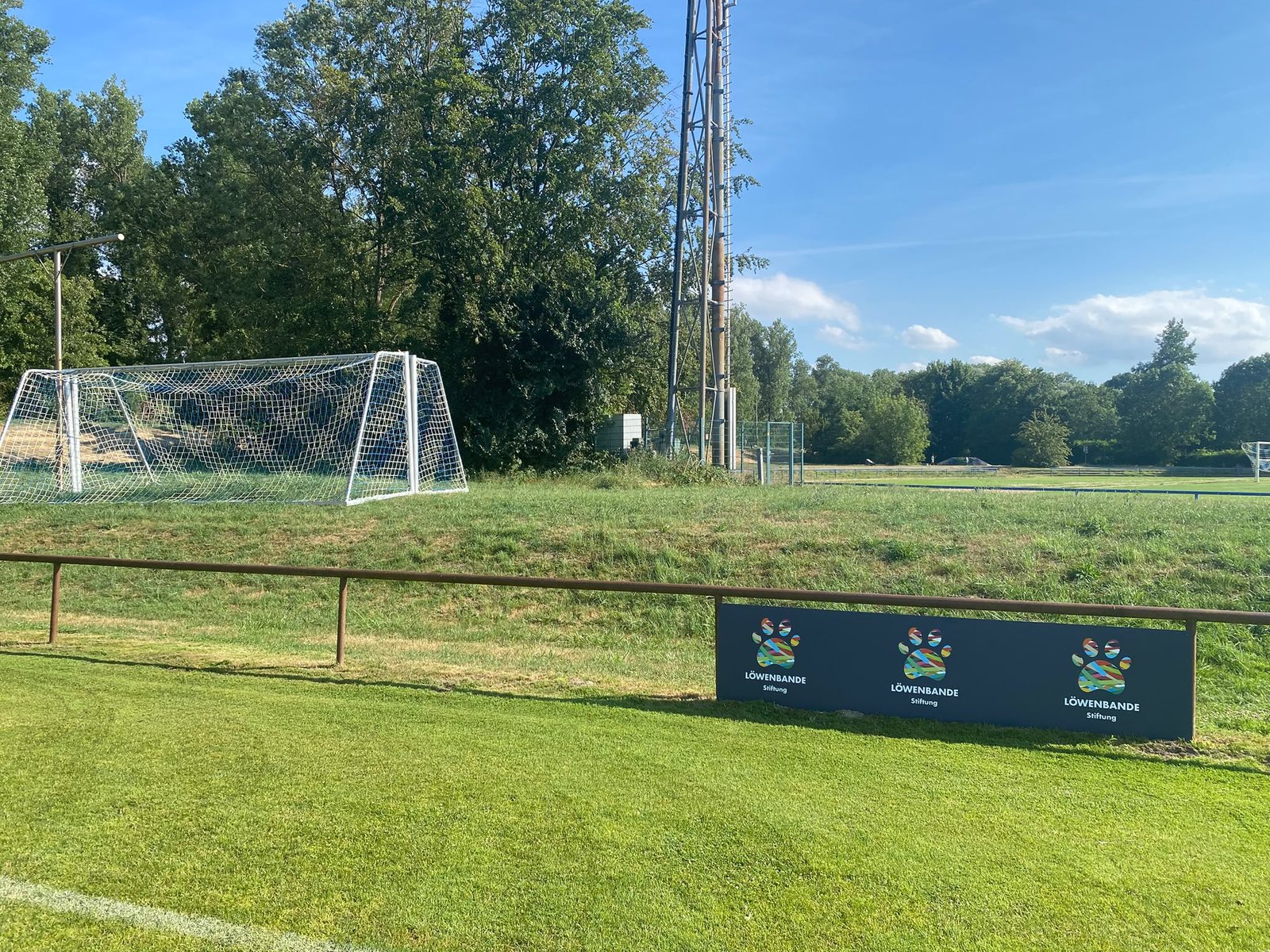 Neue Fußballtore auf dem Sportplatz des TuS Altrip, davor eine Bandenwerbung der Löwenbande Stiftung